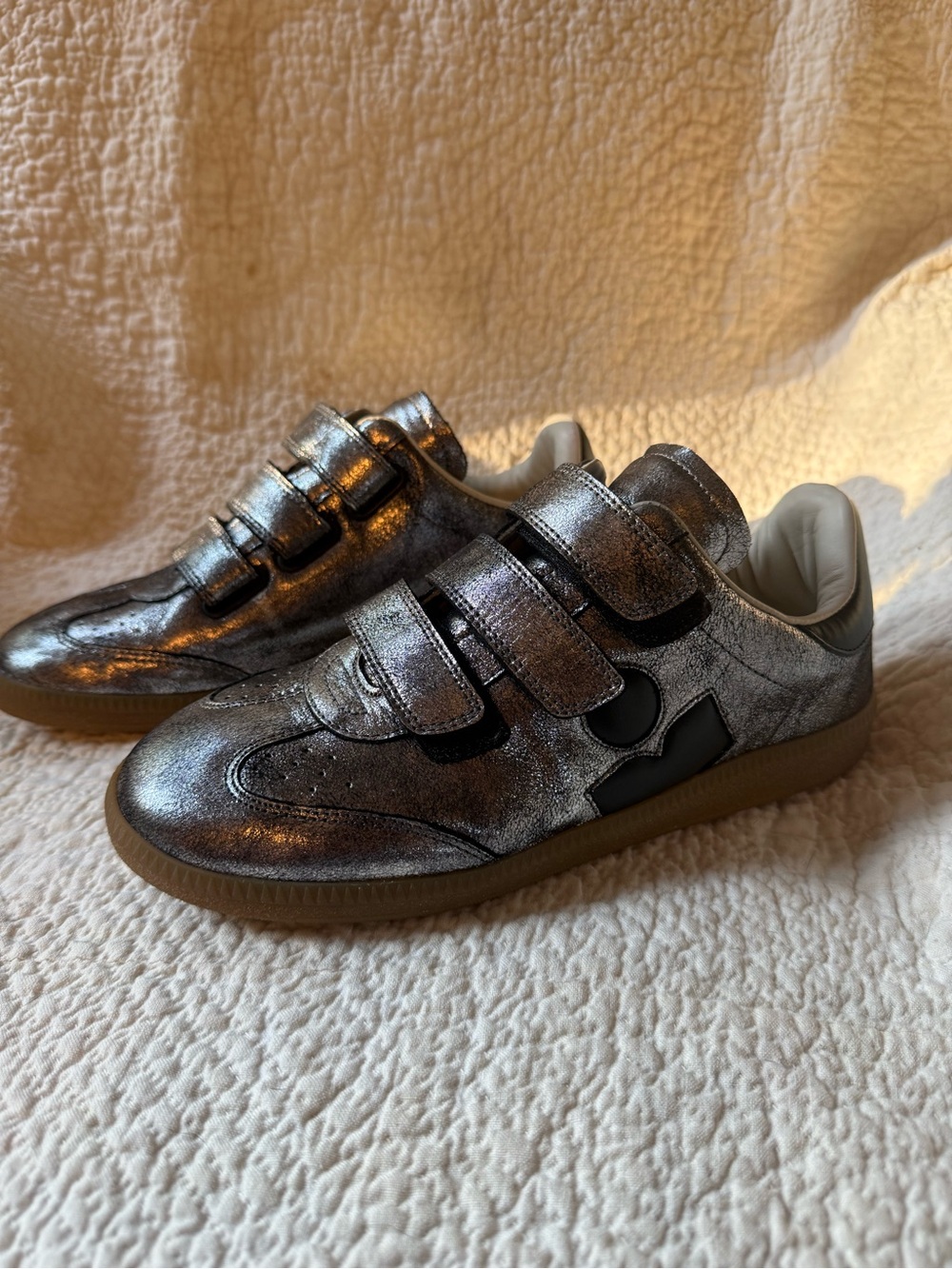 Isabel Marant Beth Metallic Gunmetal Leather Velcro Sneakers EU 37